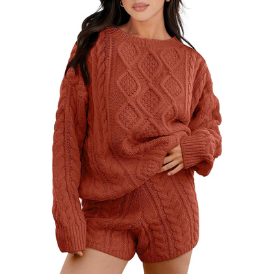 2 Piece Casual Cable Knit Sweater And Shorts Set